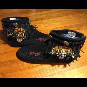 ED Hardy Suede Fringe Moccasins